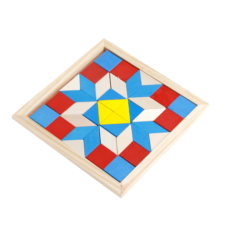 Drevená farebná skladačka s geometrickými motívmi