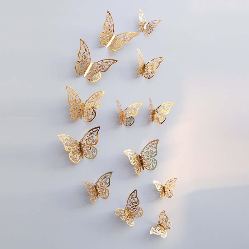 3D MOTÝĽ - SADA 12ks 3D Hollow Butterfly  gold