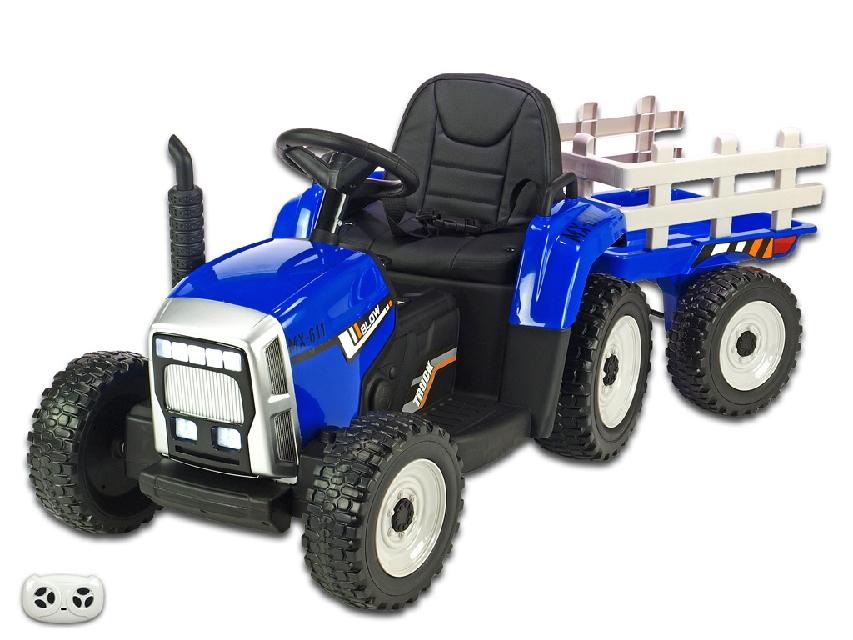 Elektrický rozkošný traktor s vlekom modrý